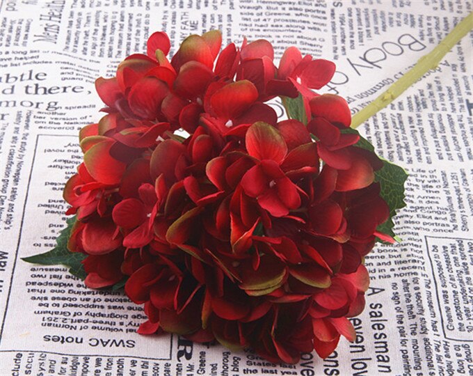 1 Branch Artificial Hydrangea Branch With False Leaf Silk Artificial Flower Wedding DIY Home Garden Decoration False Hydrangea: Burgund