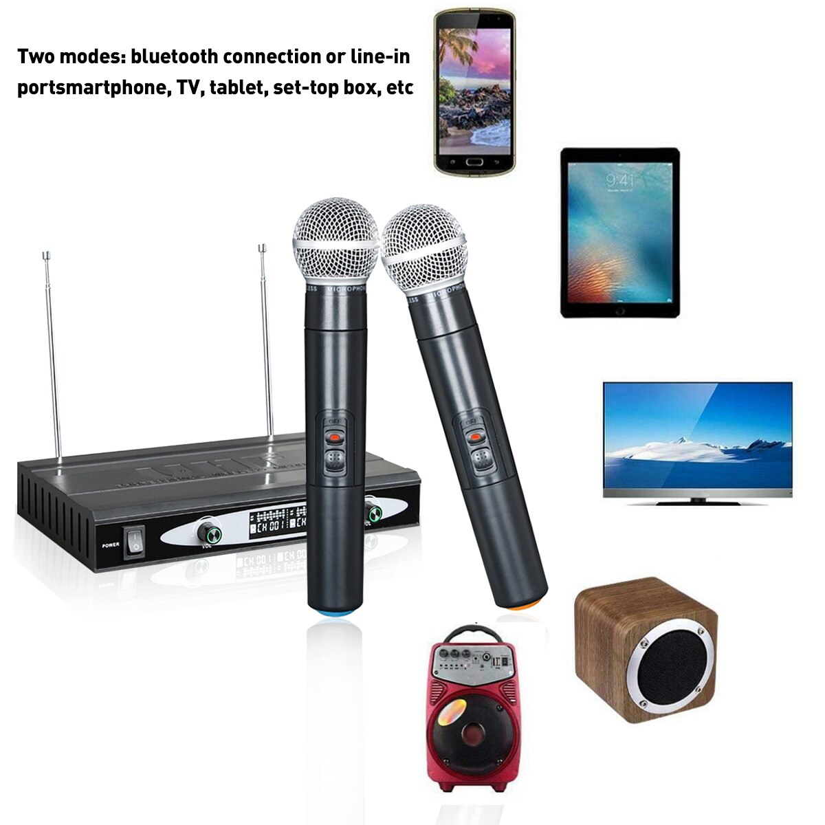 Dual Handheld VHF Wireless Microphone System Cordless Mic Receiver Microphones Karaoke with 2 Microphones