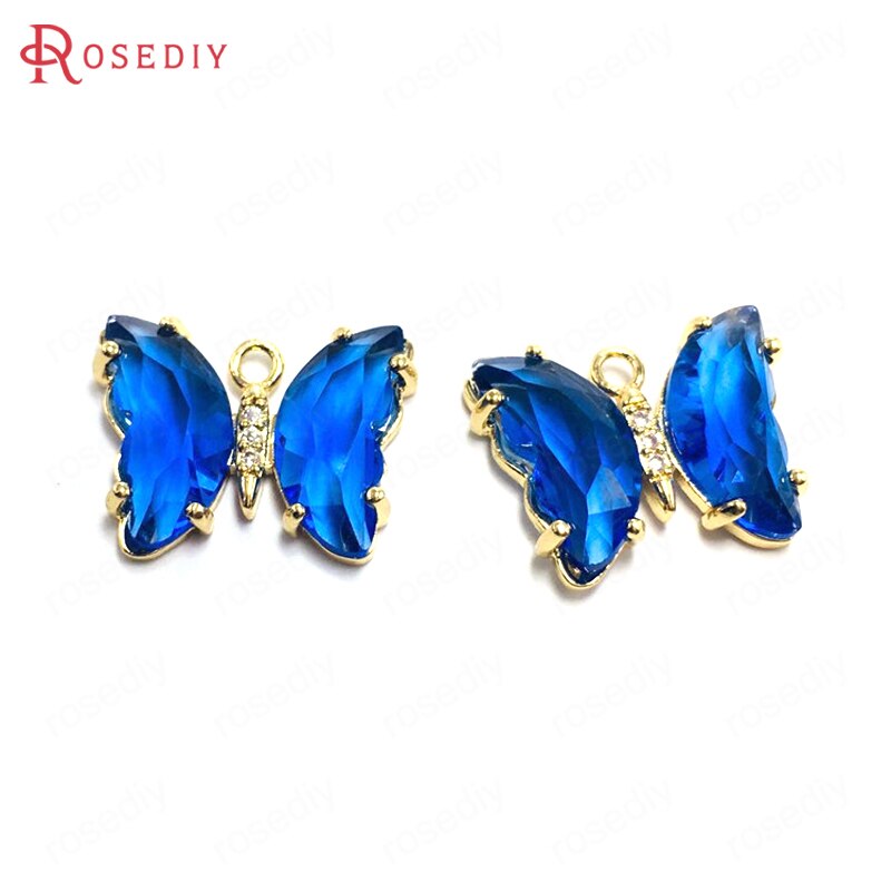 Breloques papillon en laiton, Zircon et verre, 15x20MM 24K, couleur Champagne or, pendentifs, fournitures pour la fabrication de bijoux, résultats de bricolage, 10 pièces: Blue