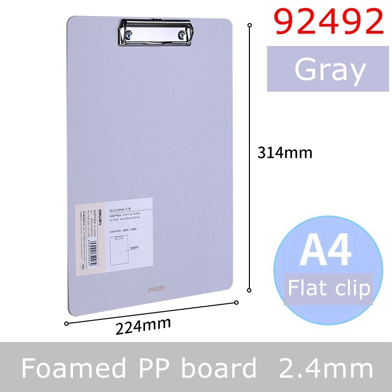 Deli 9226 clip board writing board Paper board Transparent plastic board Foamed PP baord color board: 92492-Gray
