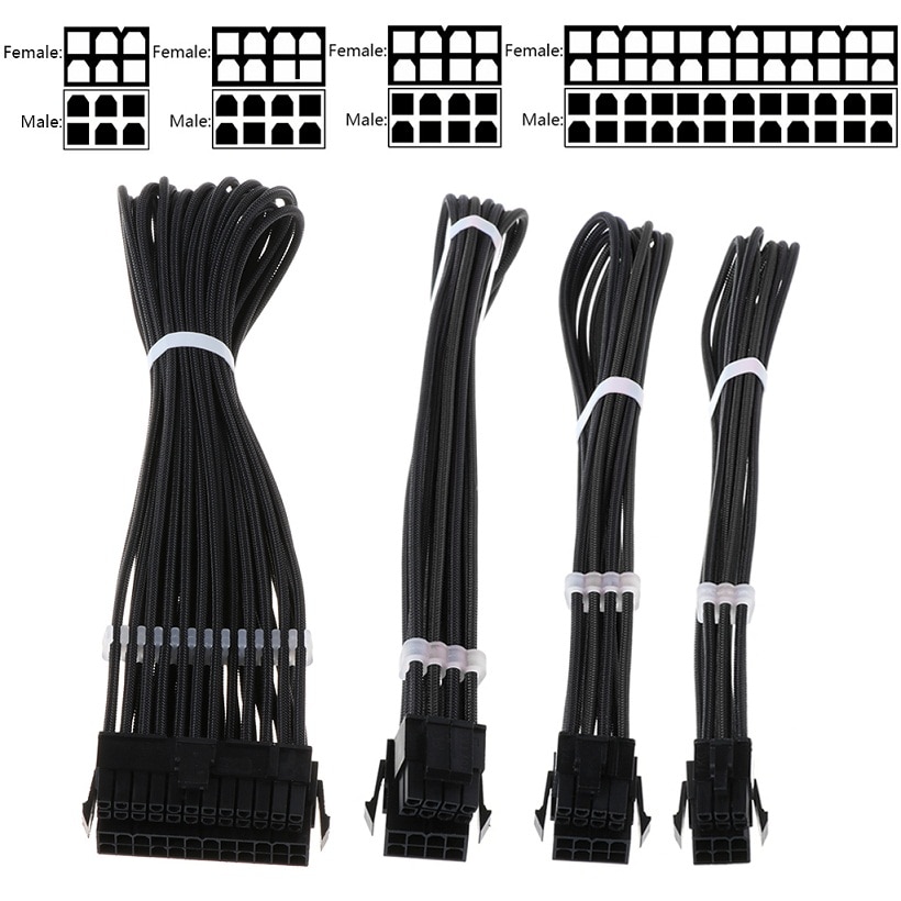 1 sett grunnleggende skjøtekabelsett 1pc atx 24 pin 1pc eps 4+4 pin 1pc pcie 6+2 pin 1pc pci -e 6 pin strøm skjøtekabel til pc datamaskin: Bk -40