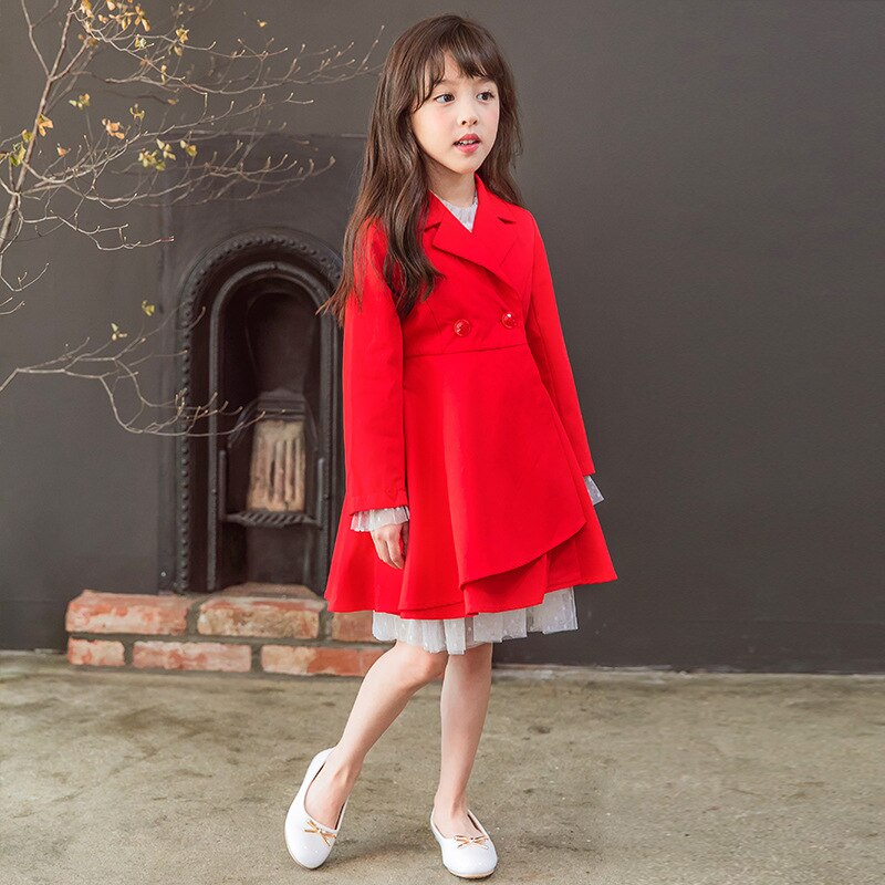 Meisjes Trenchcoat Herfst Winter Mode Effen Kleur Lange mouwen Katoenen Kinderen Trenchcoat Meisje Kinderen Jas 6-14 jaar
