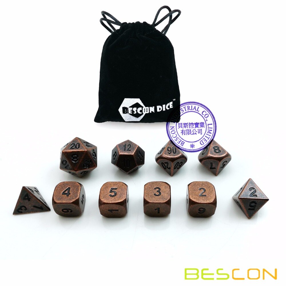 Bescon 10 Stuks Set Antieke Koperen Solide Metalen Polyhedral D & D Dobbelstenen Set, oude Koperen Metalen Rpg Rol Playing Game Dobbelstenen 7 + 3 Extra D6s'