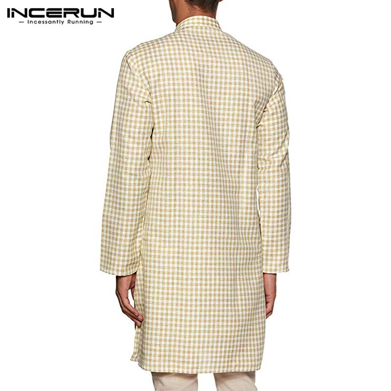 Herr rutig skjorta indiska kläder vintage långärmad ställning krage casual muslim streetwear herr långa skjortor kurta toppar plus size
