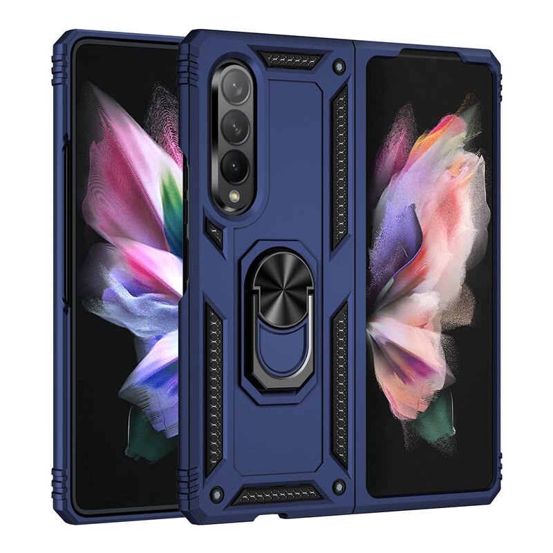 Per Samsung Galaxy Z Fold 3 custodia armatura antiurto supporto per anello magnetico supporto per staffa Cover posteriore per Galaxy Z Fold 3 5G custodie: Navy