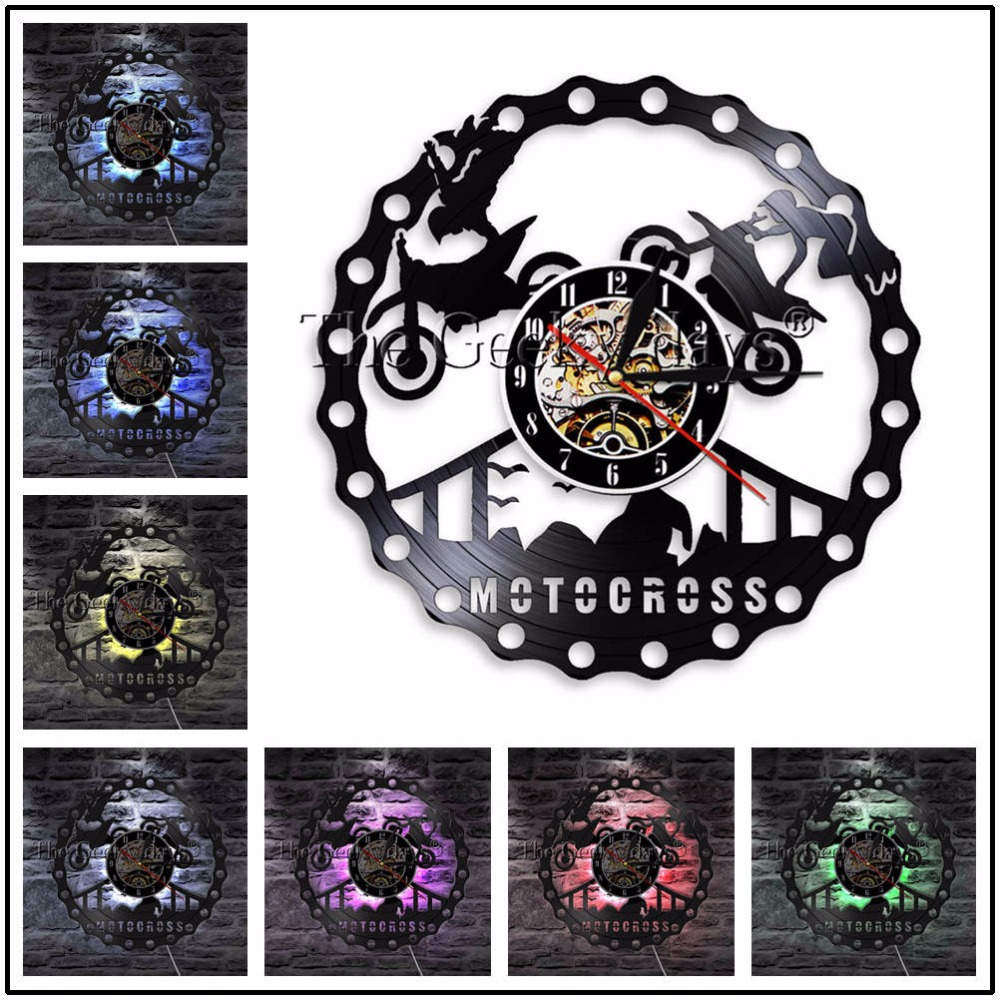 Reloj de pared Cafe Racer clásico de motocicleta Vintage Reloj de pared de vinilo de registro reloj de moto Arte de la pared Decoración motociclista corredor de: Rojo / 12 Inch With LED