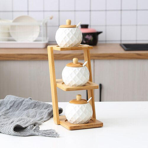 1/pcs Keramische kruiden jar trapeziumvormige bovenste en onderste laag bamboe plank Huishoudelijke peper zout glazen pot Kruiden opslag doos: E