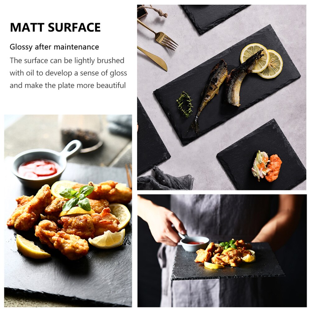 1Pc Natural Slate Plate Restaurant Steak Sushi Display Dish Black Slabstone Barbecue Pan Banquet Plate Serving Dish (25cm Round)