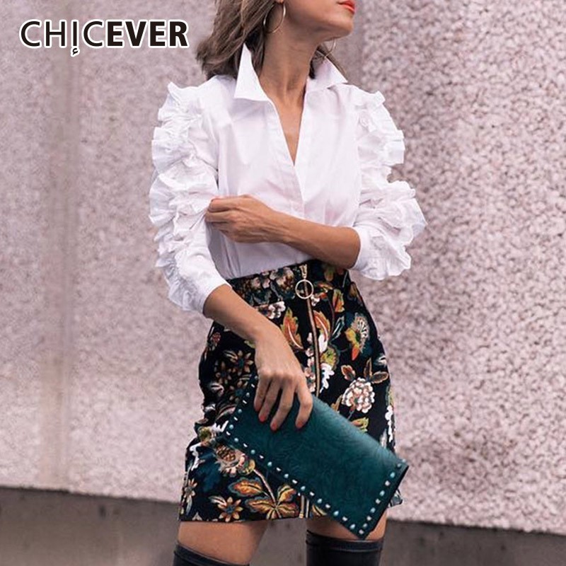 Chicever patchwork flæser hvid bluse toppe kvindelig skjorte revers sommerfugleærmer slanke dameskjorter koreansk fritidstøj