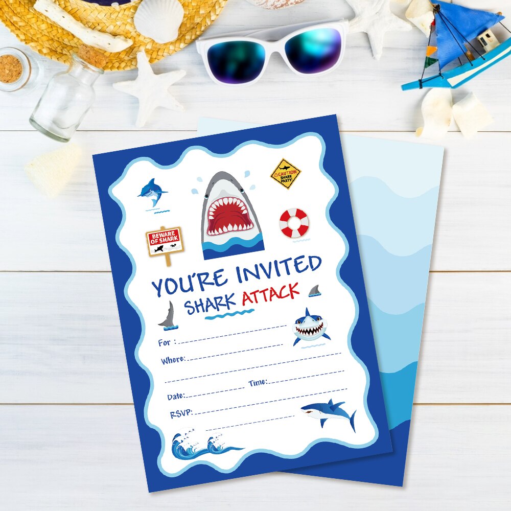 Cartoon Shark Birthday Party Invitations Cards Blue Sea Theme Invitation Kids Happy Birthday Party Favor Decorations ZZ008