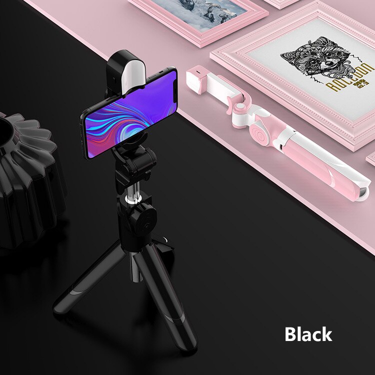 Trådløs bluetooth selfie stick 3 in 1 fjernbetjening udløser selfie stick stativ selfie stick til alle mobiltelefoner: Sort