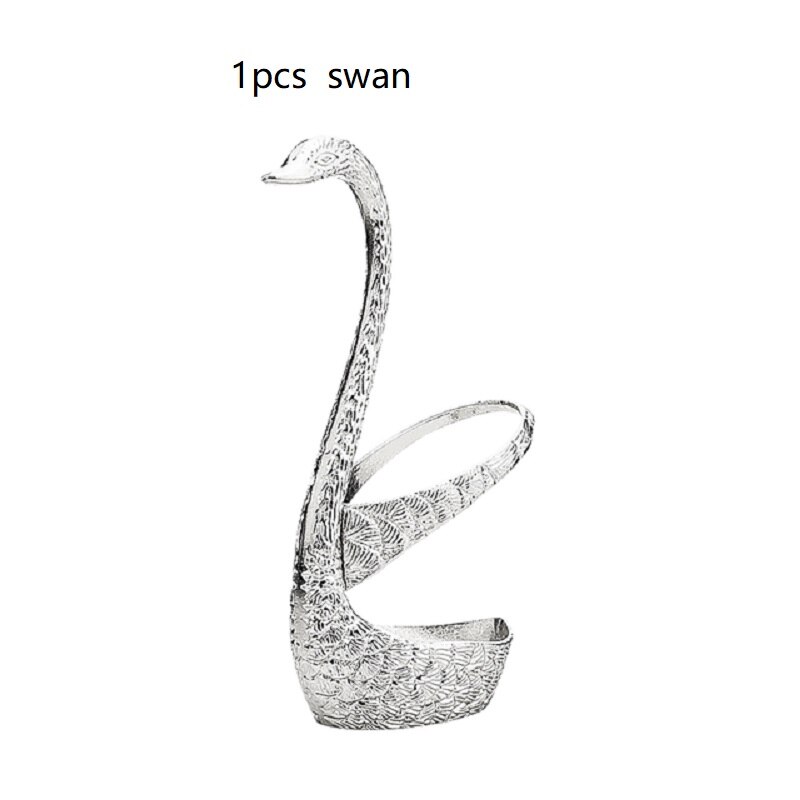 7 Pcs Swan Base Holder Dinnerware Set Stainless Steel Gold Spoon Fork Cutlery Coffee Cake Fruit Salad Dessert Flatware Teaspoon: Silver Swan