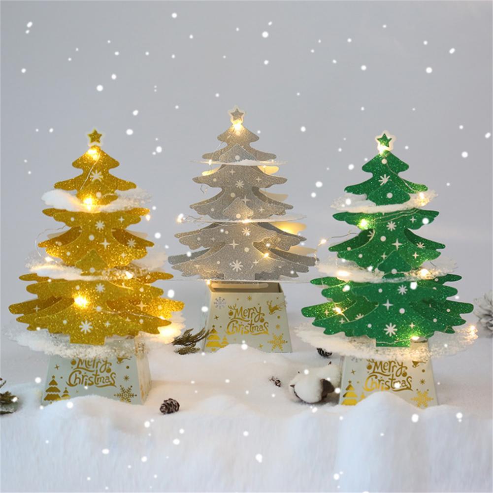 1 Set LED Christmas Tree Shape Card Stake Display Handmade Beautiful Cardboard Card Stake Decor for Home