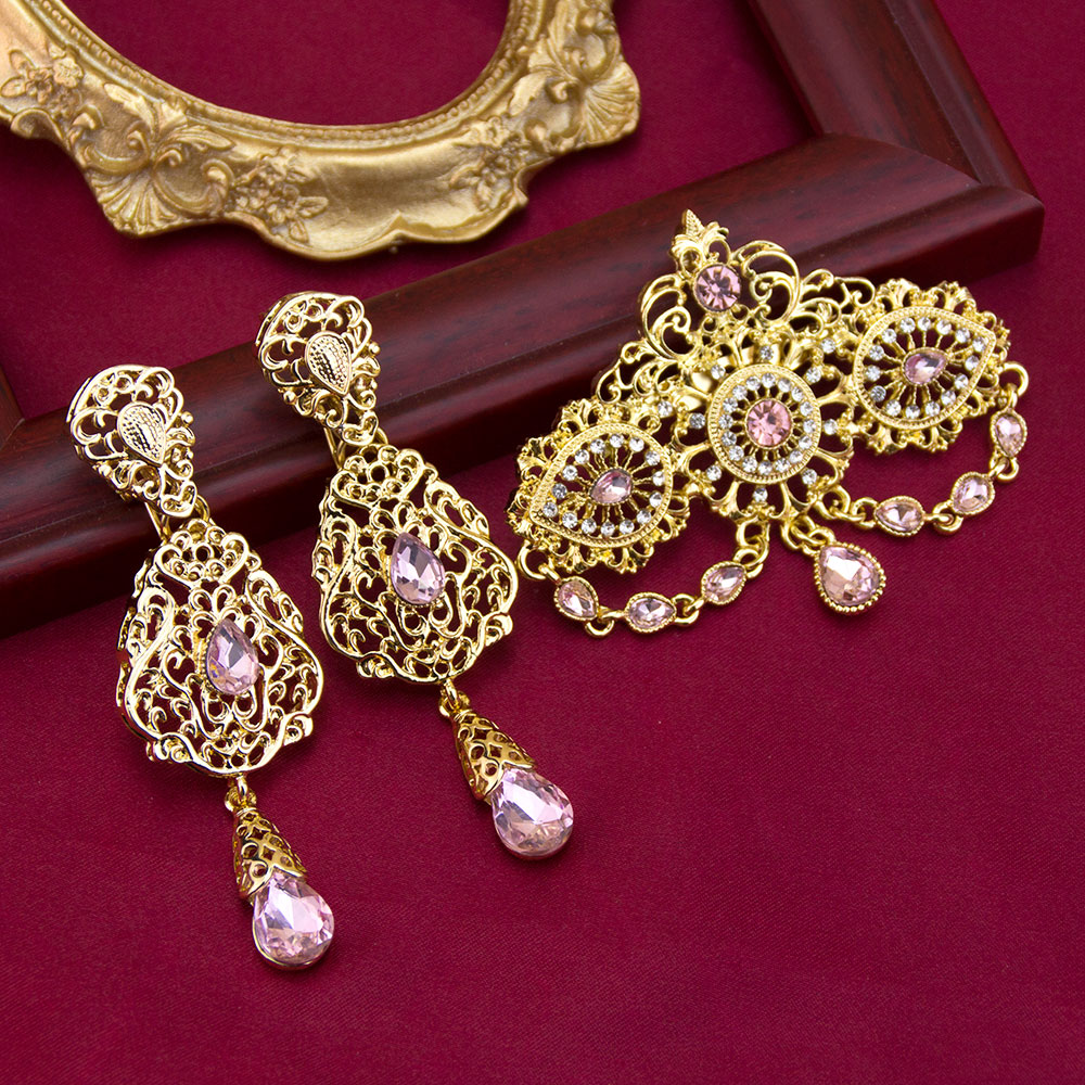 Sunspicems, joyería marroquí de Color dorado, caftán, broche, conjuntos de pendientes para mujer, bisutería étnica nupcial árabe para boda, joya para: Chapado en zinc blanco y azul