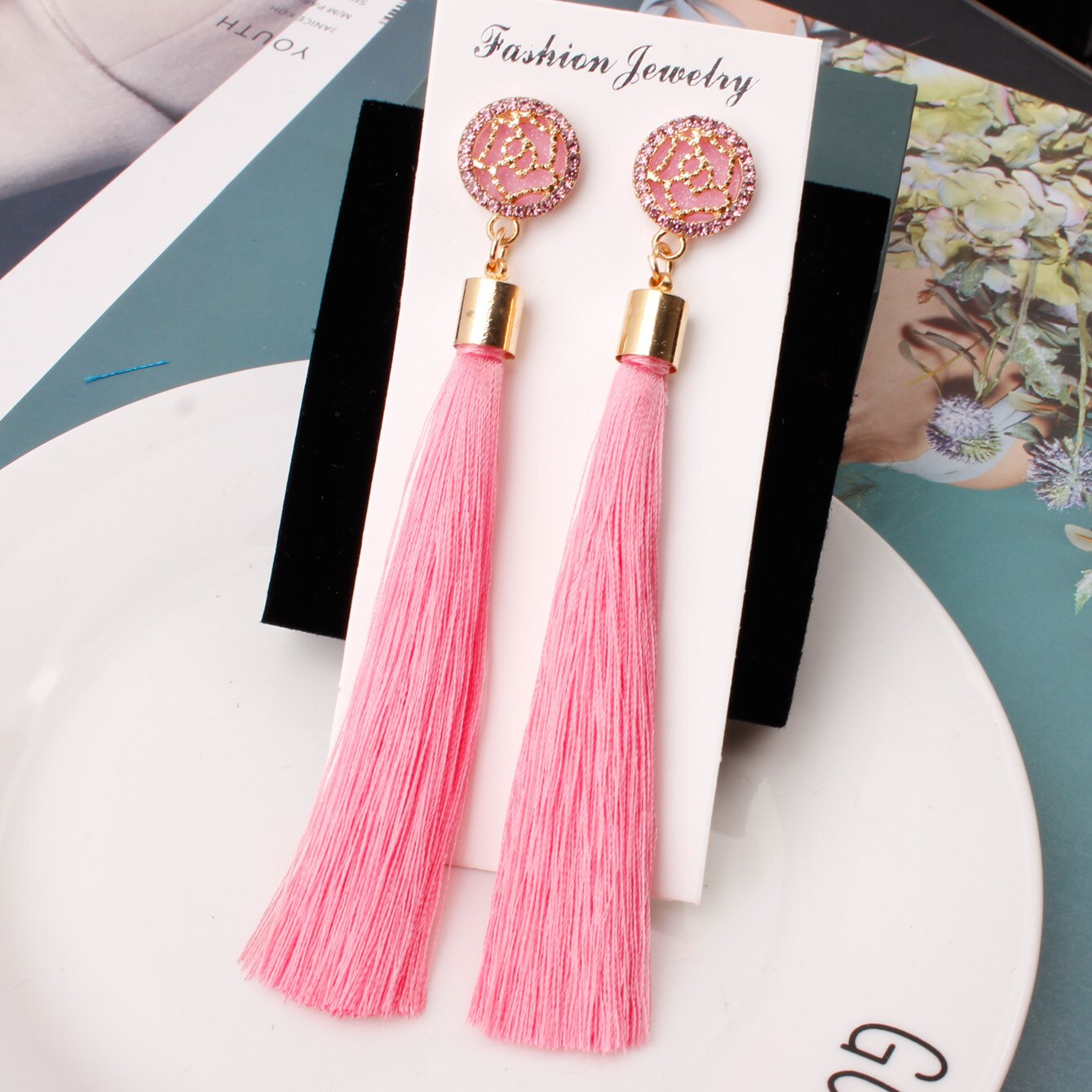 Boucles d'oreilles en fleur de rose pour femmes, style à la , longue et exagérée