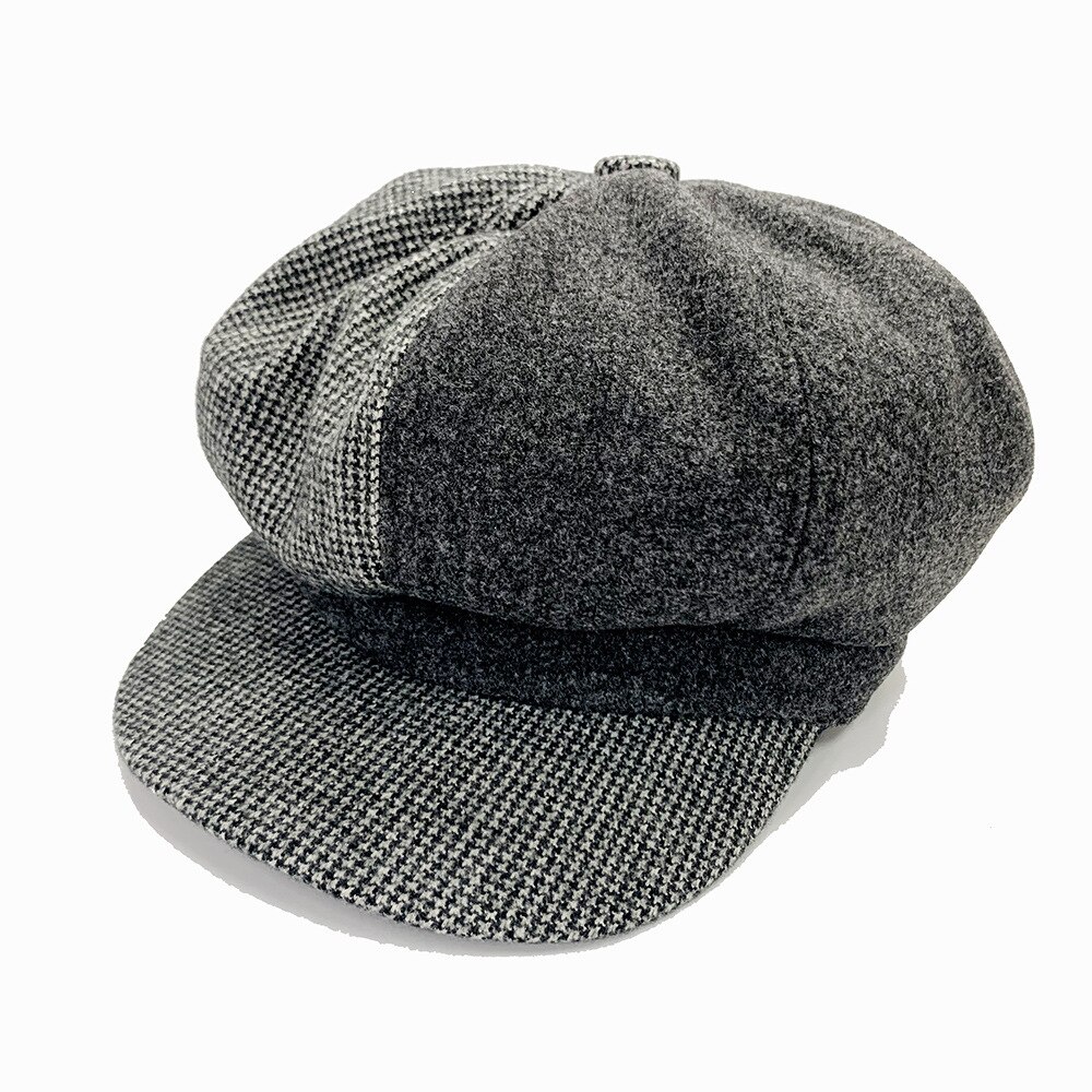 Gorro octogonal de tela de lana de casqueta de tela escocesa de retales boina con estilo coreano: grey