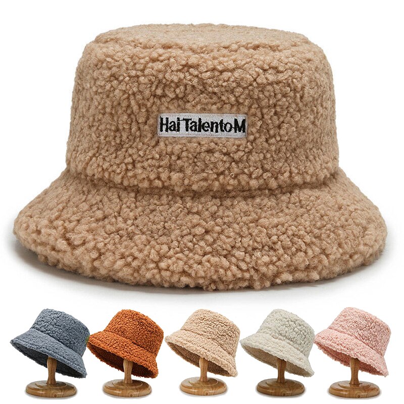 Lamb Wool Faux Female Hat Fur Warm Female Hat Faux Fur Winter Women&#39;s Bucket Hat Fisherman Outdoor Sun Hat Panama Lady Hat Cap