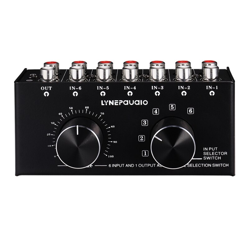6 Input 1 Output Switcher Audio Source Selection Switcher RCA Audio Input Signal Selector Switch with Volume Adjustment and Manu