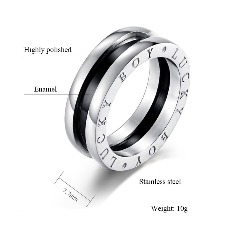 Men Punk Ring Black Enamel Stainless Steel Ring Lucky Boy Jewelry Ring for Boyfriend