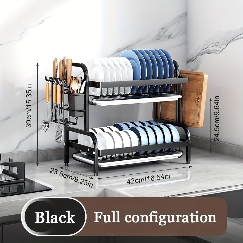 Estante de secado de platos de 2 niveles con soporte para utensilios, estantes ajustables, organizador de cocina que ahorra espacio, sistema de drenaje, gabinete de almacenamiento: Verde