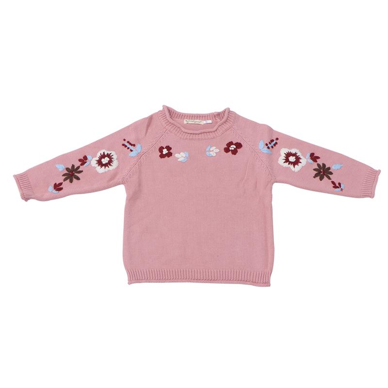 Baby Mädchen Kinder Gestrickte Pullover Hand Bestickt Haken Blume Rundhals Pullover Baby Mädchen Pullover Hemd (Weiß Rosa 66 cm)