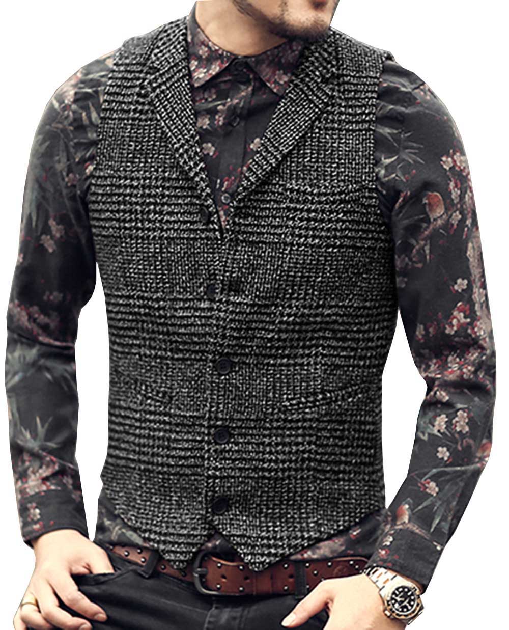 Herren Weste lässig Ärmellose lässig Fischgrät Stoff Elegante V-ausschnitt Tweed Weste für Hochzeit Trauzeugen Herren Weste Weste: Schwarz / S