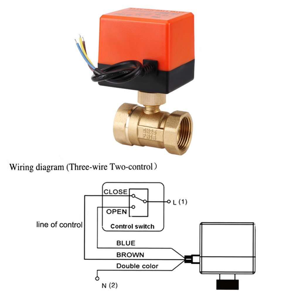 DN15/DN20/DN25 Elektrische Gemotoriseerde Draad Kogelkraan Messing AC 220V 2 Way 3-Draad 1.6Mpa met Actuator Voor water, gas, olie