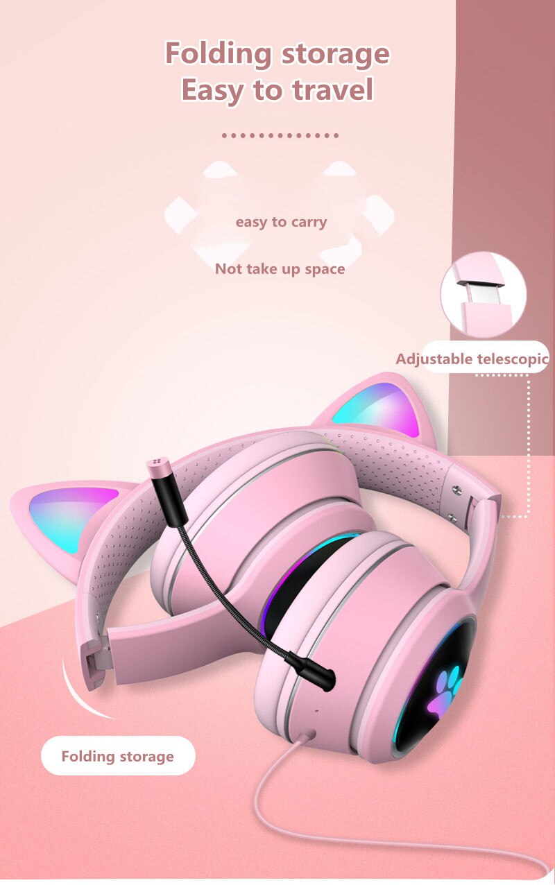 AKZ-022 Cat Ear Wired Gaming Earphone 7.1 Channel LED Lighting Over-head Headphone Headset With Noise Reduction Mic For Gamer