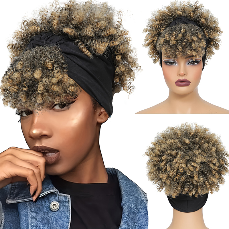 Afro Kinky Curly Headband Wigs Short Fluffy Curly Scarf Wig with Bangs Natural Synthetic Afro Curly Head Band Wig Cosplay: T1B/4/30