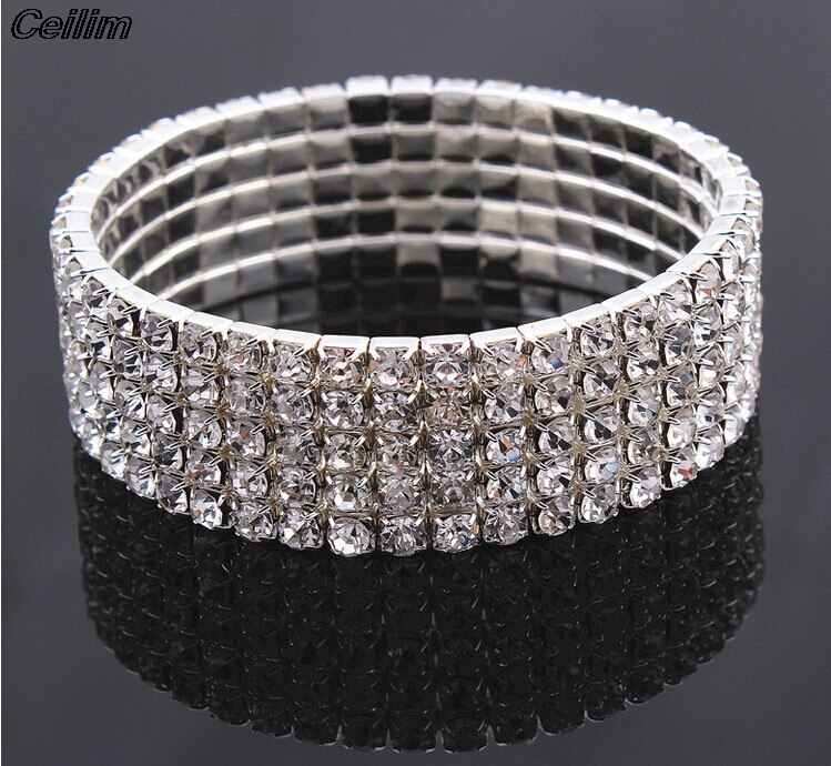 1 To 8 Rows Full Crystal Rhinestone Elastic Bracelet Silver Color Bangle Bling Wristband Women Wedding Bridal Jewelry