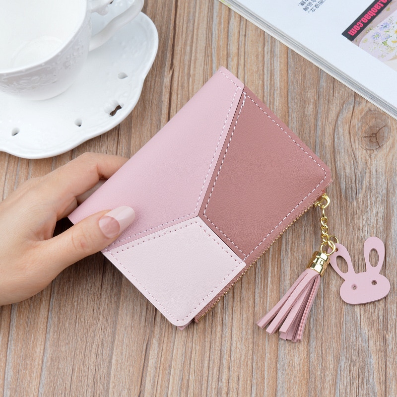 Short Women Wallets Cute Tassel Zipper Purse Patchwork Panelled Wallet Trendy Coin Purse Card Holder Leather