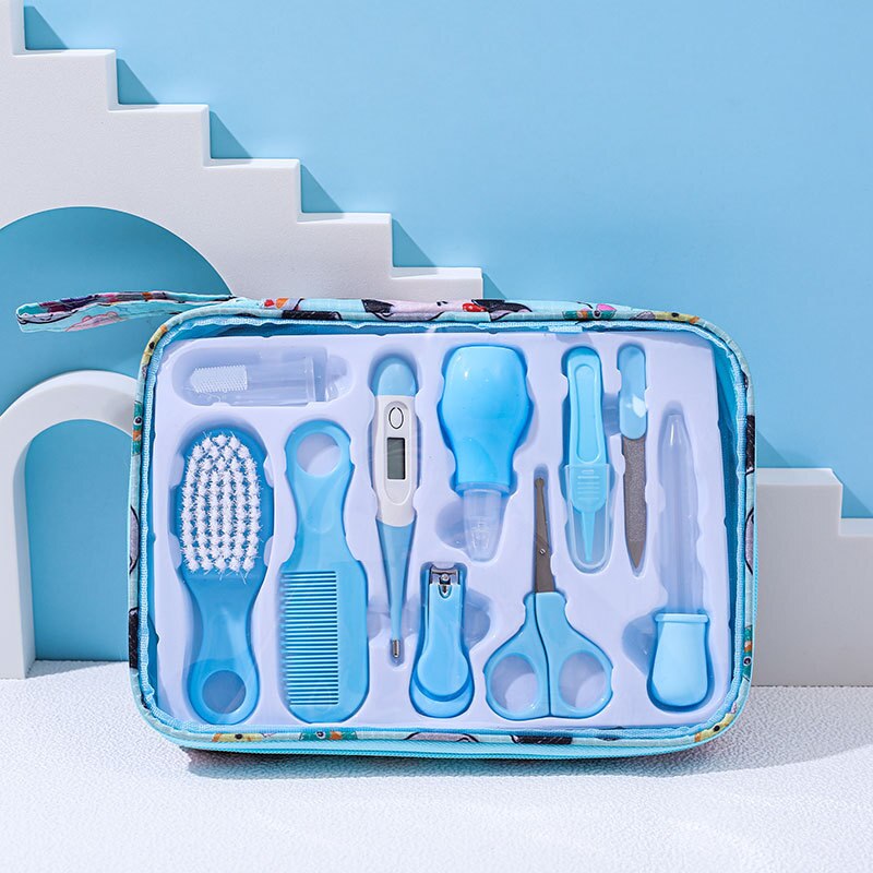 Multifunction Newborn Baby Kid Healthcare Kit Nail Hair Thermometer Grooming Brush Portable Hygiene Set Baby Newborn Essentials: 10PC SET-Blue