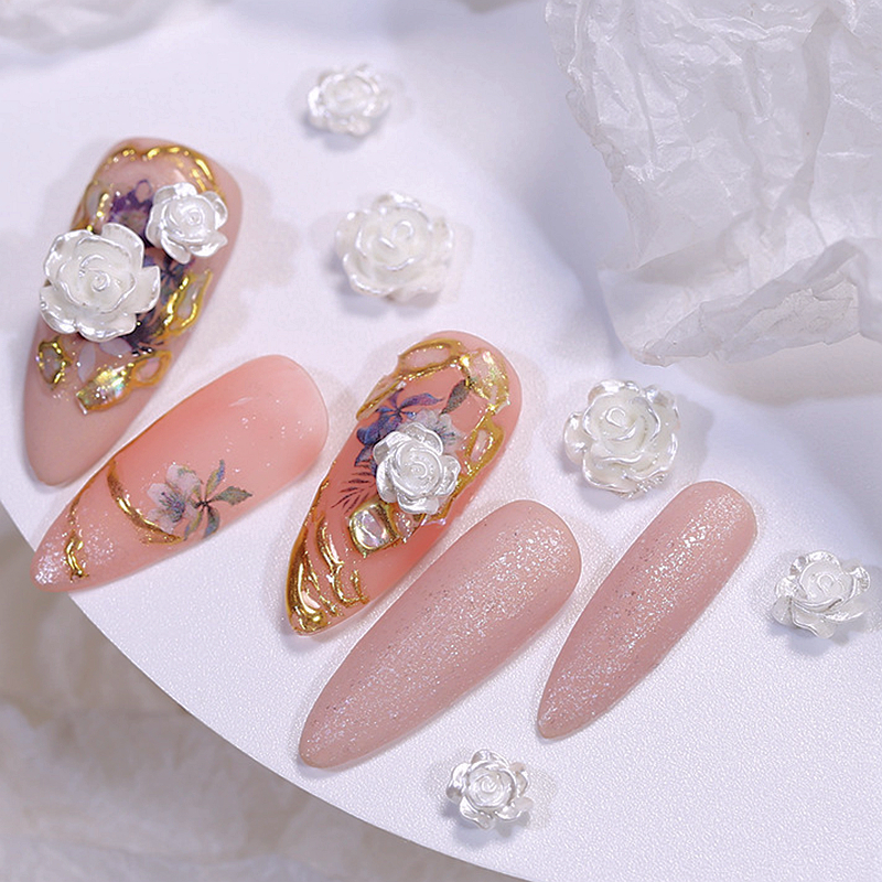 50 Uds. De dijes de flores rosas blancas de 6/8/10MM para decoración artística de uñas de boda, cuentas de perlas de flor de Aurora de resina 3D y pétalos esmaltados