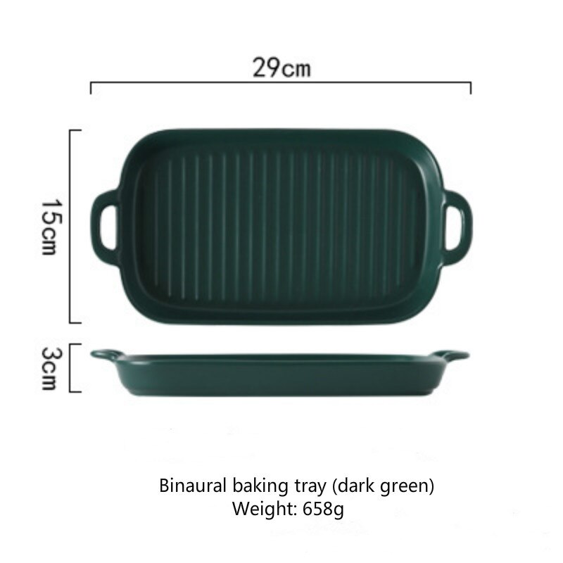 Rectangular Nordic Ceramic Plate Dual Handle Chicken Wings Barbecue Baking Plate Baking Tableware Heat Resistant Tableware Plate: Dark green