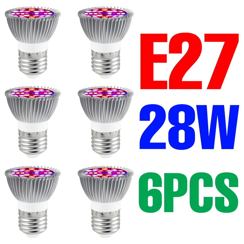 Espectro completo e27 planta led crescer lâmpada e14 220v lâmpadas fito estufa iluminação 18w 28 30 50 80 100 phyto sementes de flores lâmpadas: E27 28W 6PCS