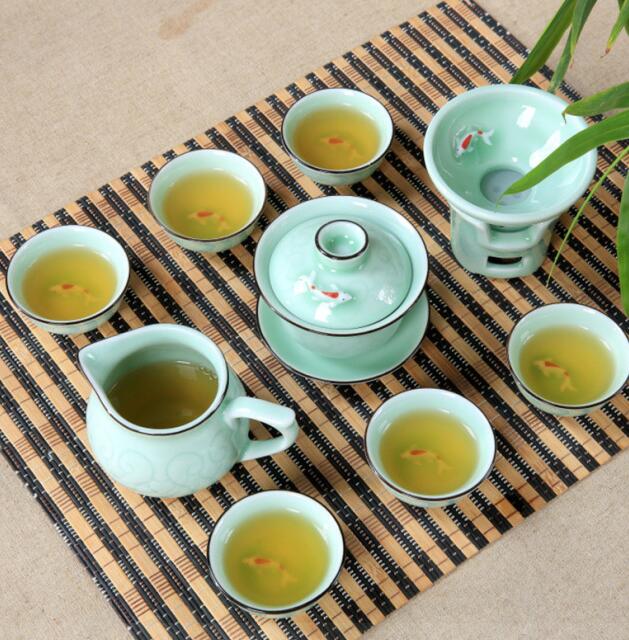 Tekanne 9 stk kung fu te sett keramisk te karpe mønster kopp, tekanne, benporselen gaiwan, te hav, porselen filter, te service: 9 stk