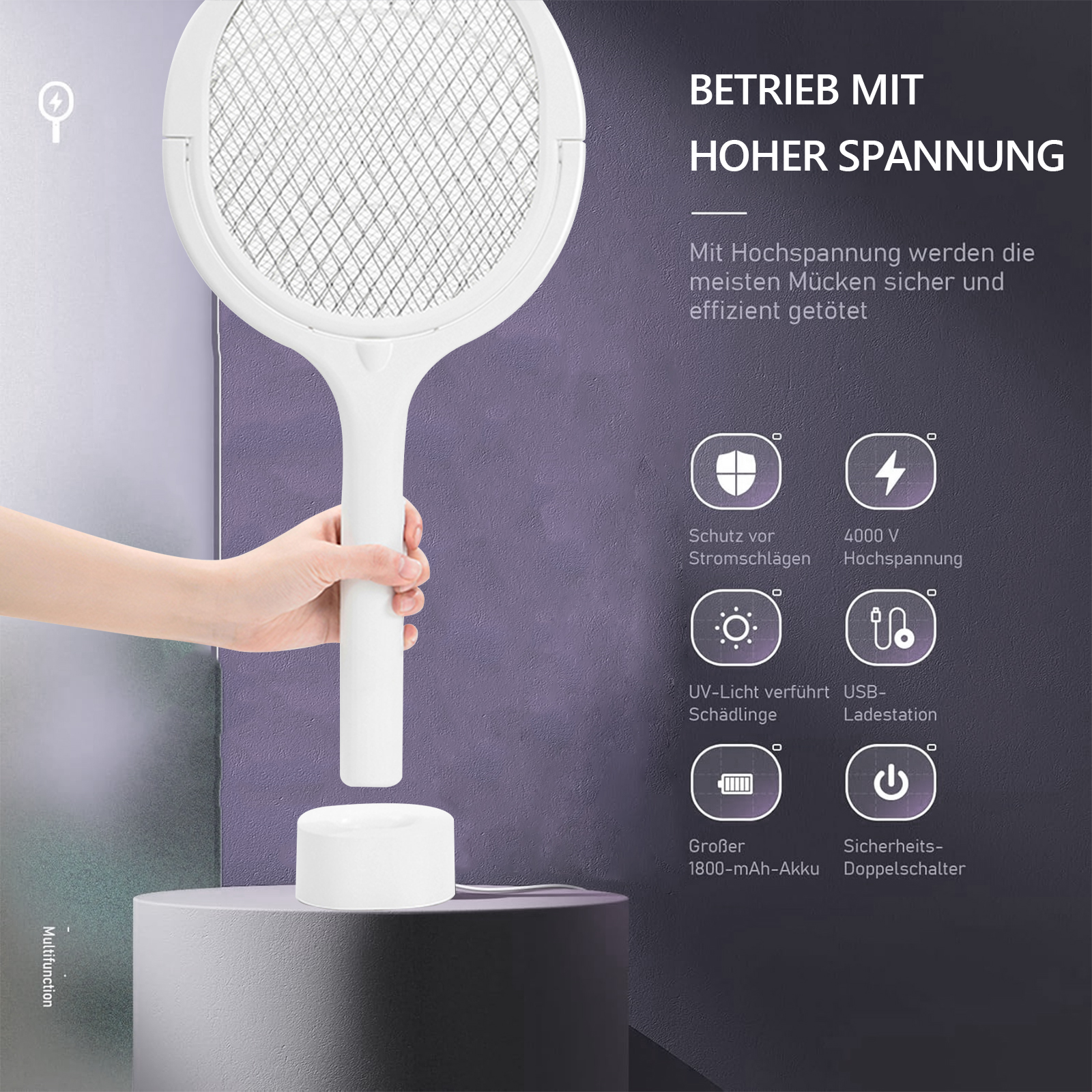 Poderosa raquete elétrica mata-moscas com proteção de malha de segurança para controle de mosquitos