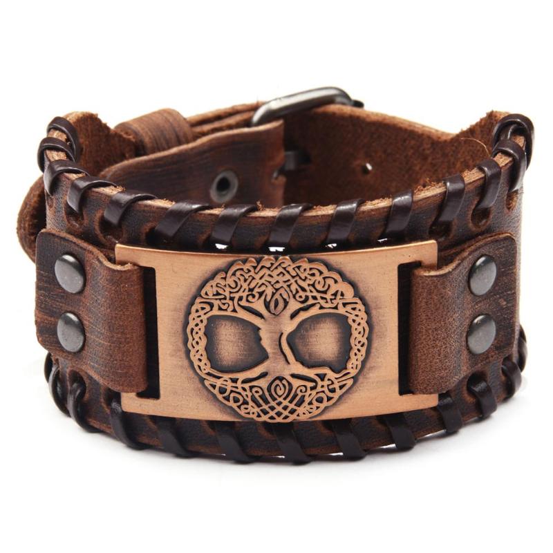 Brazalete Vintage de cuero Ancho ajustable para hombre, pulsera con cabeza de Lobo, joyería de ancho, pulseras Vintage, brazalete nórdico, Vikingo para hombre: Tree Red Copper