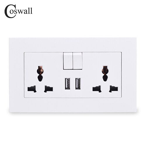 Coswall 13a universal switched socket 2 usb ladeport til mobil udgang 2.1a vægudtag grå farve pc panel: Hvid