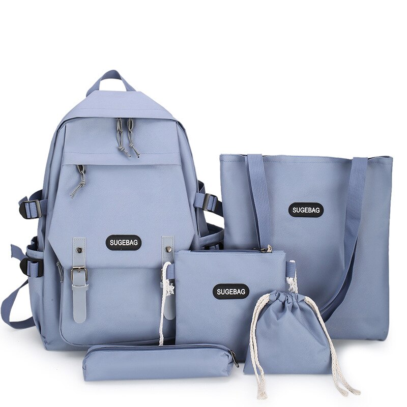 Conjunto de 5 mochilas informales para adolescentes y mujeres, morrales escolares de lona para viaje, bolso de hombro para estudiantes: Azul