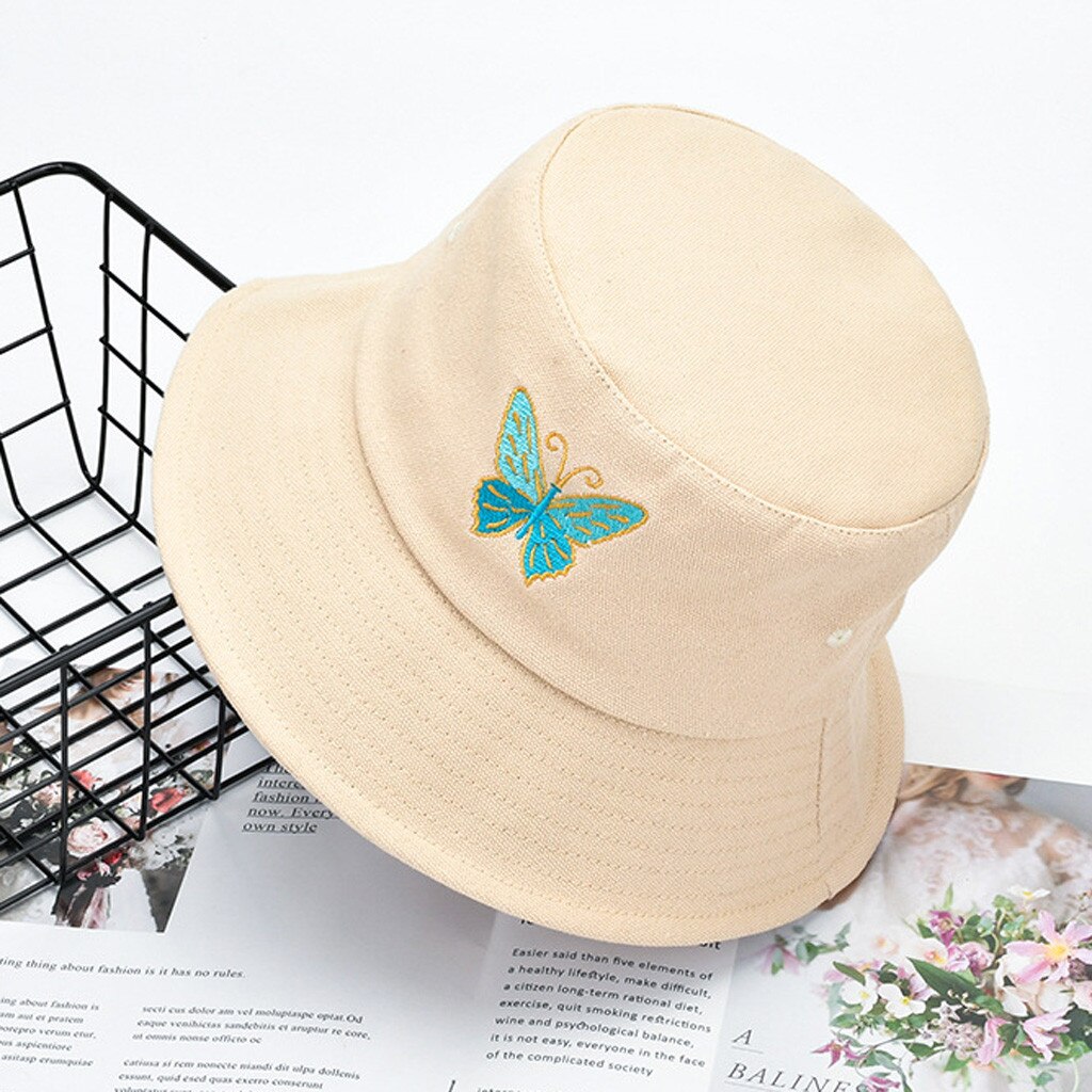 Skullies Beanies Women Butterfly Embroidery Foldable Anti-sunburn Bucket Sun Hat Cap Cuff Docker Fisherman Beanies Hats Skullcap