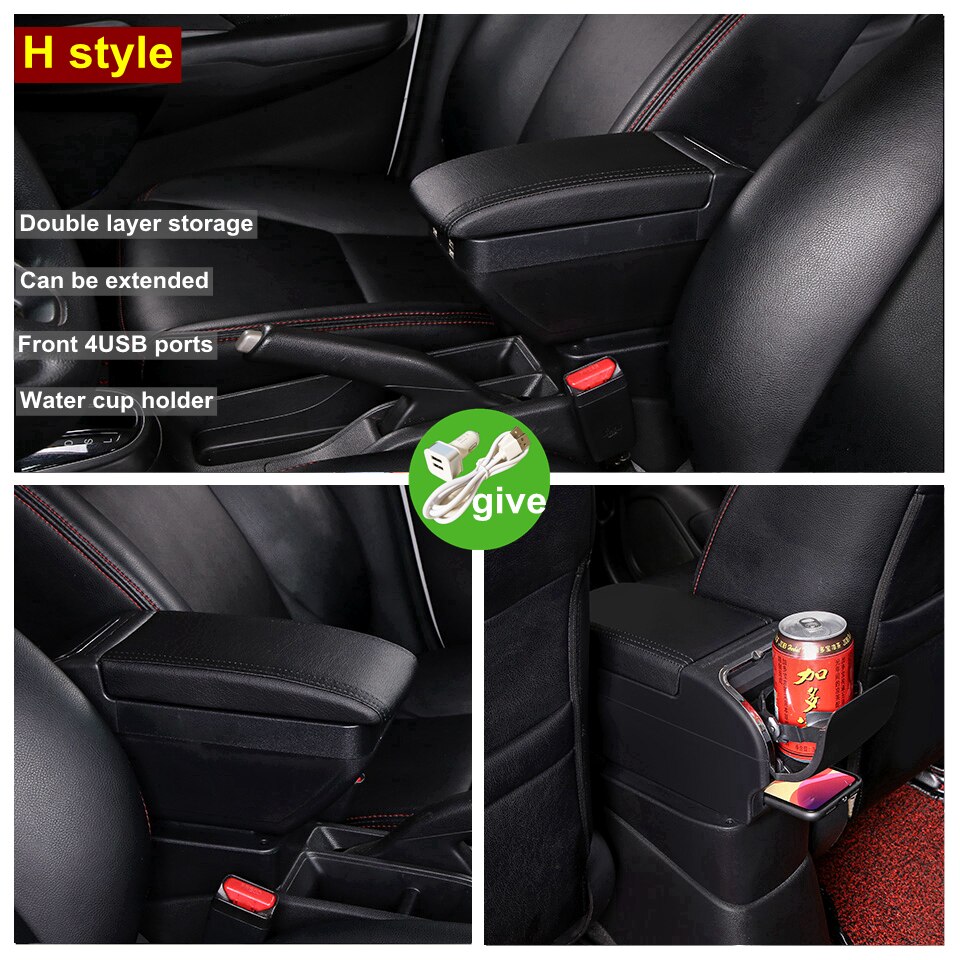 Central Store Content box For Hyundai Accent RB Solaris Double layer USB Interface Armrest box with Cup holder Car mod: H All Black Have USB