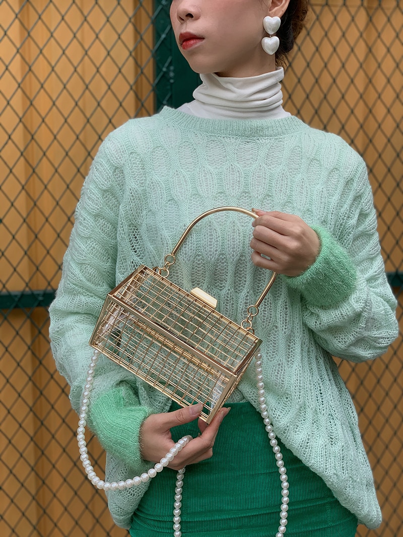 Bolsa de mão feminina com pérolas escavadas, bolsa de ombro artesanal de liga metálica para mulheres