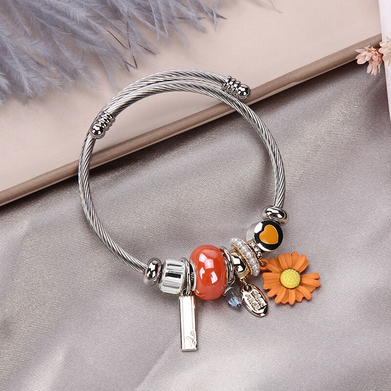 Roestvrijstalen armbanden voor dames sieraden kristal kralen bedels armband bloem dieren hanger armband meisjes: C