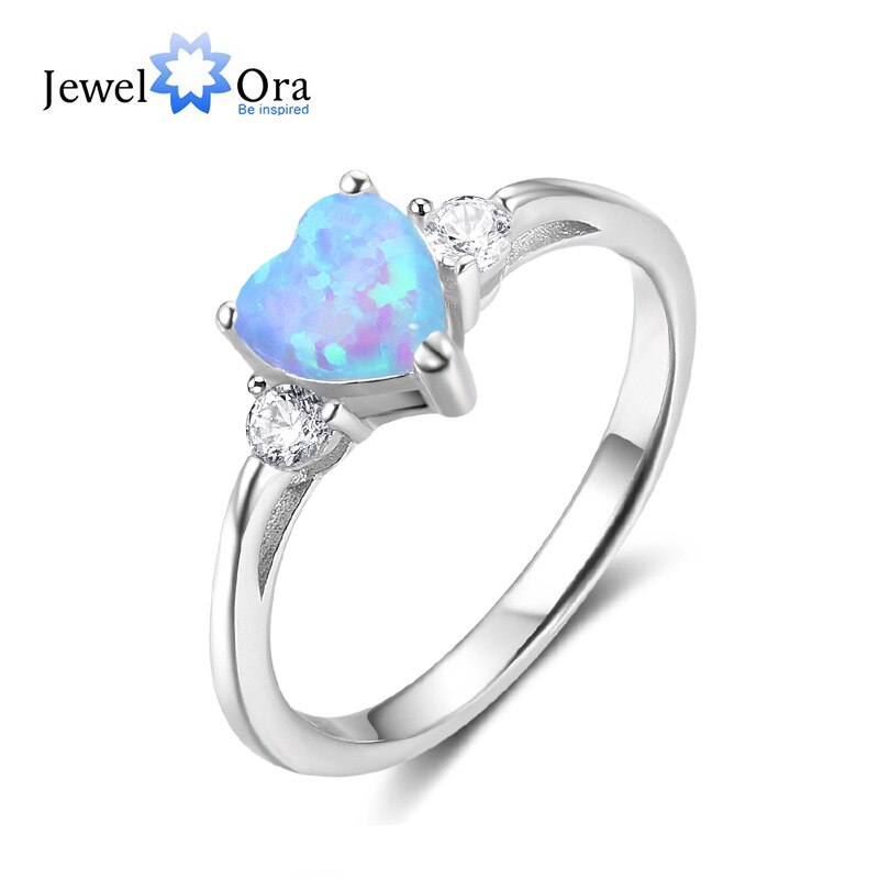 Romantische 925 Sterling Zilveren Hart Ring Gemaakt Roze Blauw Wit Fire Opal & Cz Trouwringen Voor Vrouwen (Jewelora RI103690): 6 / Blauw