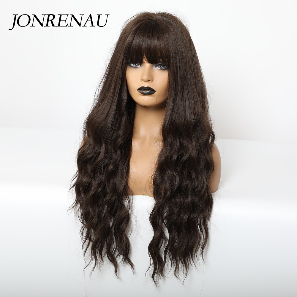 JONRENAU Synthetic Dark Brown Long Wavy Hair Wigs with Side Bangs Heat Resistant Fiber Wigs for White Black Women