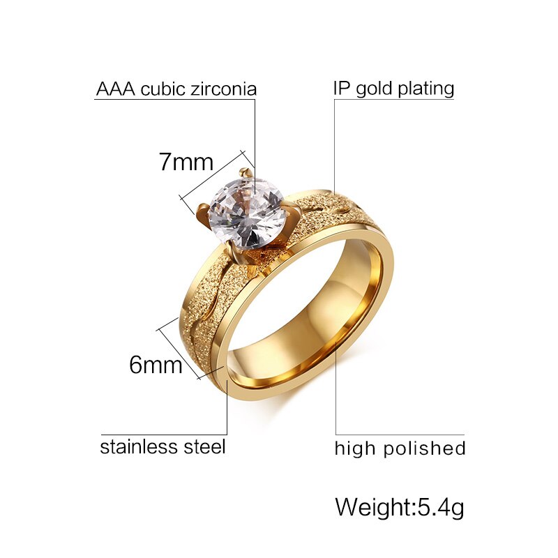 bague de fiançailles pour les femmes mat polonais acier inoxydable bague de mariage broche réglage femelle cubique zircone bijoux