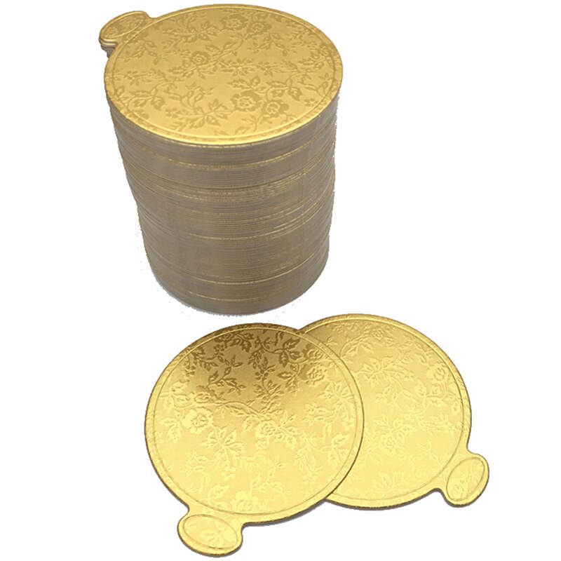 200 Stks/set Goud Afdrukken Ronde Mousse Cake Boards Papier Cupcake Dessert Displays Lade Bruiloft Cake Gebak Decoratieve Kit