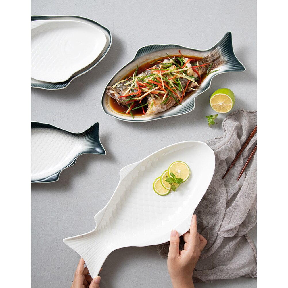 Ceramic Tableware Plate Fish Shaped Dish Snack Storage Fish Pan for Restaurant Home Dinner (11 Inches + White)