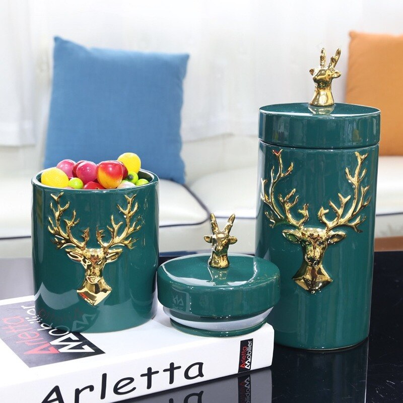 European-style Ceramic Deer Head Storage Jar Green Golden Deer Decoration Household Candy Jar Kitchen Storage Container